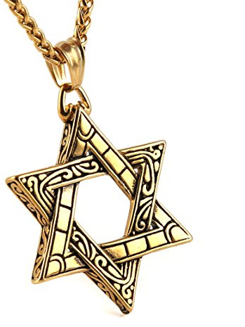 HZMAN Star of David Pendant Necklace Women Men Chain Silver Stainless Steel Israel Necklace (Gold)