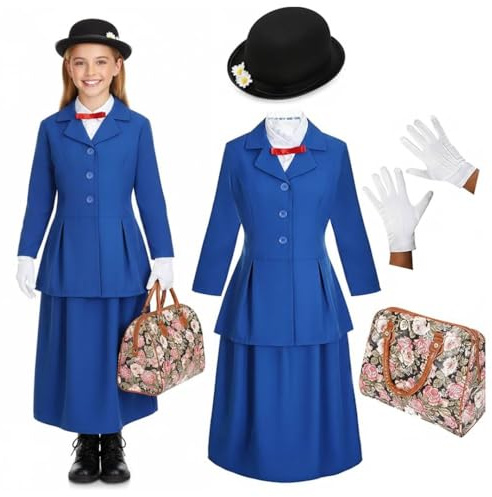 Girls Magical Victorian Nanny Costume for Girls - Medium - Blue Jacket & Skirt, Black Bowler Hat, White Gloves, Carpet Bag - Kids World Book Day/Book Week Character Fancy Dress Costume