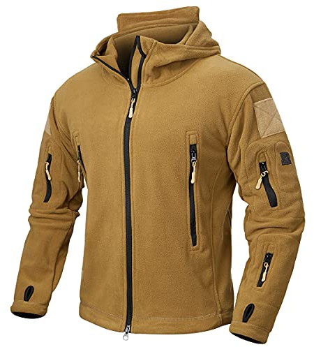 CARWORNIC - Giacca da uomo in pile tattico militare, calda, con cappuccio, per sport all'aperto, escursionismo, con multi-tasche, cachi, M