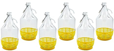 WYSKONT Bouteille de vin Ballon à col étroit avec Couvercle pivotant et Panier pour Le Stockage de Boissons fermentées en Verre Transparent, hermétique, Lot de 6 x 5 l