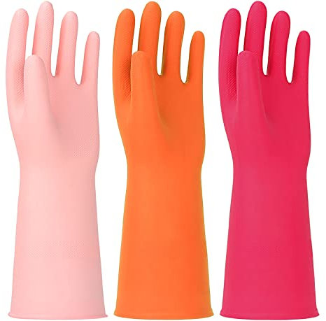 HINSOCHA 3 pares de guantes de goma reutilizables sin látex, guantes de limpieza del hogar de 13 pulgadas, pequeños, naranja, rosa y rojo