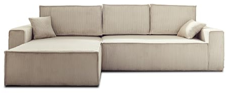 Bestmobilier Dellia – Ecksofa beidseitig montierbar mit Schlaffunktion – mit Bettkasten – aus Cord – 4-Sitzer Beige