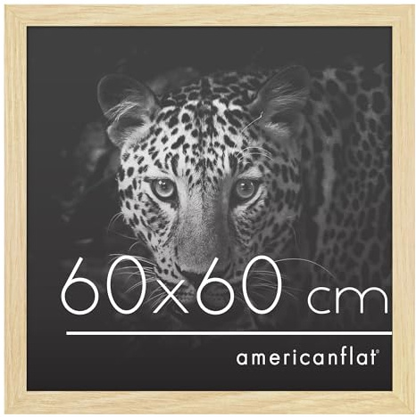 Americanflat Bilderrahmen 60x60 cm aus MDF-Holz mit bruchsicherem Plexi-Scheibe - Bilderrahmen quadratisch 60x60 mit integrierter Aufhängung für die Wand - Eiche/Natur