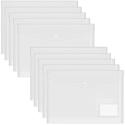 10 Stück Dokumententasche A4, Transparent Dokumentenmappe A4 mit Etikettentasche, Wasserdicht Sammelmappen für DokumenteOrganisierenDatei, Papier, Quittungen, Hausaufgaben, Schulbür