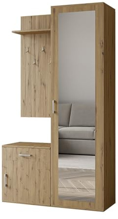 BEAUTY SOFA - Flurgarderobe - Wandgarderobe mit Ablage - Kompaktgarderobe mit Kleiderschrank, Garderobenpaneel, Kleiderhaken, Spiegel, Schuhschrank - B 100 cm x H 180,5 cm x T 35 cm - Artisan Eiche