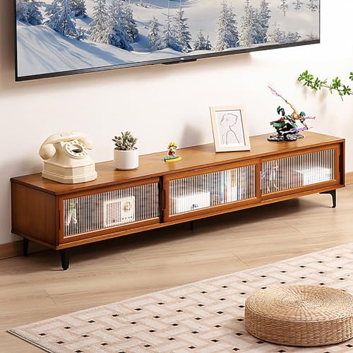 Console TV en bambou avec portes coulissantes et 3 portes - Meuble TV pour salon et centre de divertissement pour téléviseurs jusqu'à 70 - Marron - 160 cm