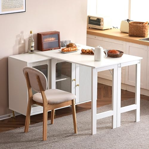Moderna credenza bianca a buffet con piano pieghevole ed estensibile, superficie girevole, gambe in metallo dorato, porte scorrevoli in vetro e motivo ondulato, perfetta per sala da pranzo e cucina