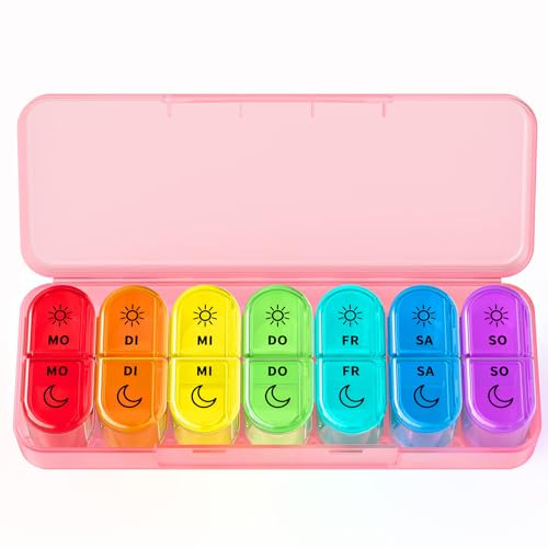 Doruimi Tablettenbox 7 Tage Morgens Abends, BPA Frei Pillendose Klein für Unterwegs， Medikamentenbox 7 Tage 2 fächer Große Fächer für Medikamente, Vitamine, Fischöl - Rosa