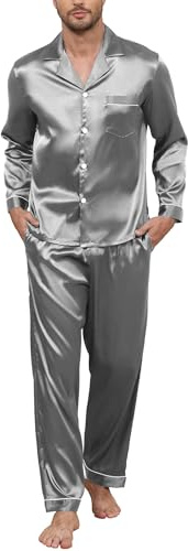 TeJoyce Herren Satin Schlafanzug Lang, Zweiteiliger Seide Pyjama Männer, Set Langarm mit Knöpfen und Hose mit Taschen, Luxus und Elegante Seidenpyjama zum Nächte (Hellgrau, L)