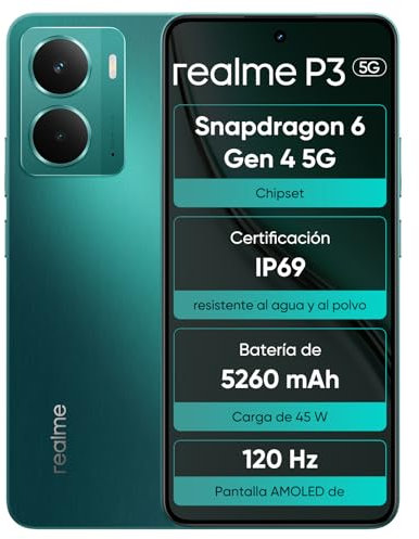 realme P3 5G 8 GB + 256 GB, Smartphone, 120 Hz AMOLED für E-Sport, Snapdragon® 6 Gen 4, 50 MP KI-Kamera, 5260 mAh Akku, Raumfahrt-Kühlsystem, IP69, Grün (ohne Adapter)