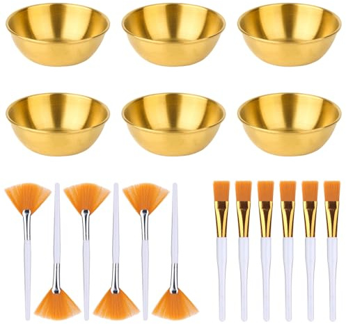 Set de 18 Piezas para Esteticista, Incluye 6 Cuencos 6 Pinceles Abanico y 6 Pinceles Planos Set Mezclar Mascarillas Faciales para Mujeres Belleza Spa Uso Doméstico (Dorado)