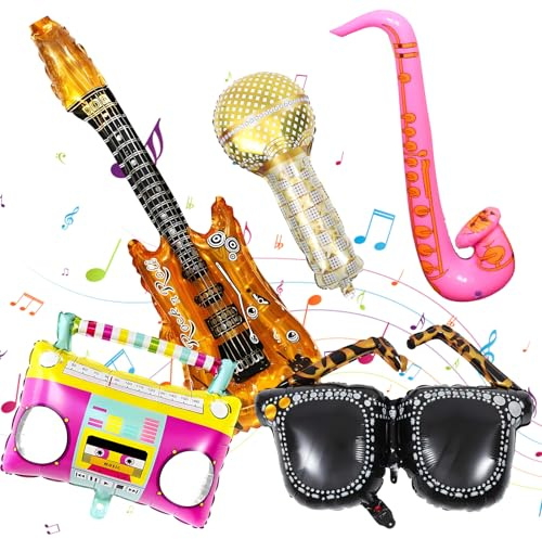 SKJAXF 5 Inflatable Party Props Set, Photo Booth Props with Tnflate Microphone Saxophone Radio Sunglasses, Inflatable Instruments for 80s 90s Themed Parties Birthday Carnival Events