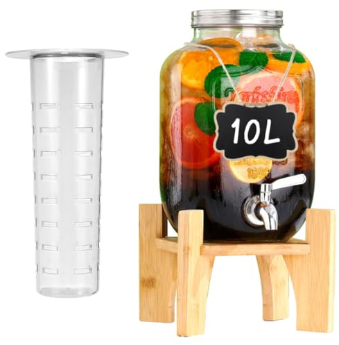 10L Getränkespender mit Ständer und Deckel, Limonadenspender mit Zapfhahn | aus Hitzebeständigen Borasilikatglas mit Rostfreiem Wasserhahn für Garten, Buffet, Party & Küche, Hochzeiten
