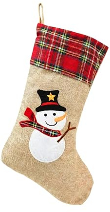 45cm Large Snowman Xmas Stocking, Burlap Hessian Linen Hanging Christmas Sack Sock with Cheerful Printed Design, Reusable Fireplace Stocking for Sweets, Toys and Holiday Home Decorations