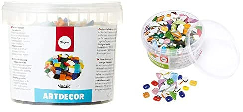RAYHER HOBBYRayher 1453049 Teselas De Cristal De Colores Mixtos, 1 Kg, para Interior Y Exterior + Mezcla De Piedras De Mosaico Soft Glas, Coloreado, Poligonal, (Aprox. 515 Pzs.), Bote 500G