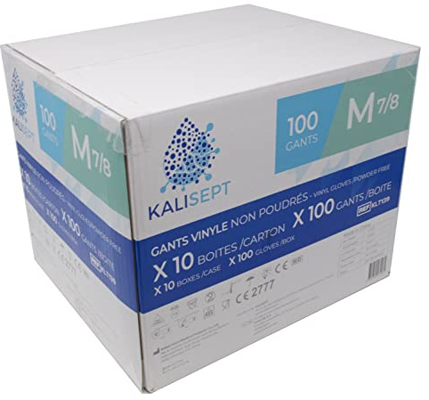 KALISEPT INTCO - Lot de 10 boites de 100 - Gants Vinyle médical et de l’industrie de haute qualité, normes en vigueurs. (non poudrés)