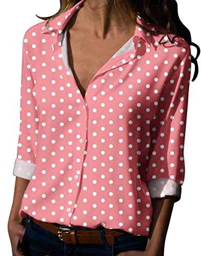 CGGMVCG Svart skjorta med knäppning dam vår sommar prickig långärmad v-ringad topp blus dam långärmade toppar, Rosa, XL