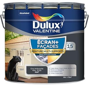 Dulux Valentine Peinture Ecran+ Multi-Supports Extérieure Façades - Crépis, Briques, Ciment, Enduit, Alu, Zinc, PVC - Couleur Longue Tenue - Mat Gris Anthracite 10L