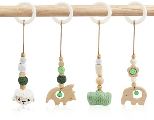 BINYI 4 Stück Spielbogen Baby Spielzeug ab 0 Monate Spielebogen Babies Toys Spielbögen Baby Gym Anhänger Holz für Mädchen Jungen Babyspielzeug für Babyschale Kinderwagen Autositz Spielzeug (Grün)