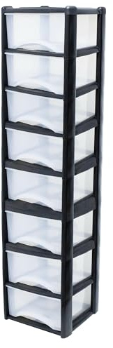 Neat. 8 Plastic Storage Drawers Unit with See-Through Drawers, Compact Vertical Design – Durable Plastic, Ideal for Organizing Office Crafts, and Household Items, 160cm x L39cm x W39cm - Black/Clear