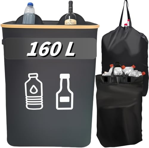 GROWZELT Pfandflaschen Sammelbehälter 2 Fächer 160L, mit 2 XXL Tragetasche für Jede Größe Flasche, Pfandflaschen Sammelbehälter aus Flip-Top-Design, Erleichtert das Sortieren und Schützt vor Gerüchen