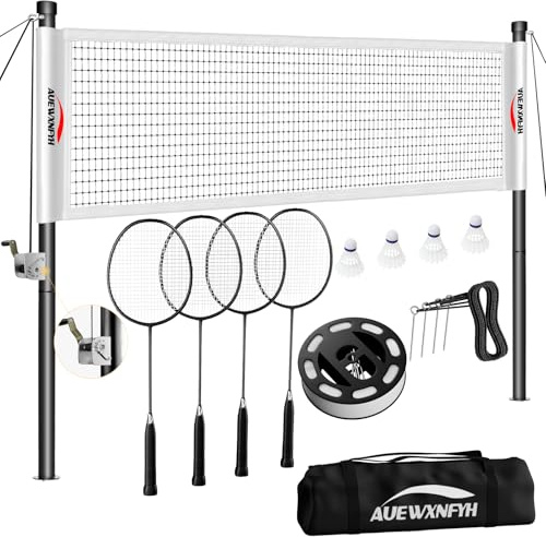 AUEWXNFYH Backyard Badminton Set: Portable Outdoor Net with 4 Performance Rackets, 3 Shuttlecocks & Boundary Line - Complete Heavy-Duty Set for Family Lawn, Grass & Beach Games (White)