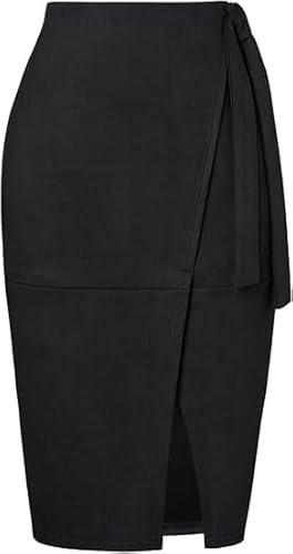Kate Kasin Women Faux Suede Midi Skirt High Waist Below Knee Length Bodycon Wrap Skirt with Side Tie and Back Zipper Black L