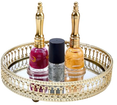 DICOSMETIC 16.6cm Gold Mirrored Vanity Tray Bathroom Vanity Glass Mirror Trays Decorative Perfume Tray Round Decorative Organizer for Dresser, Bedroom, Bathroom Countertops