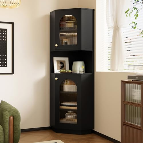 Lumivortex Armadio angolare con barra luminosa, mobile ad angolo per soggiorno con ripiani regolabili, porta con vetro strutturato, mobile alto, multiuso, vetrina angolare, 45 x 45 x 166,5 cm (nero)
