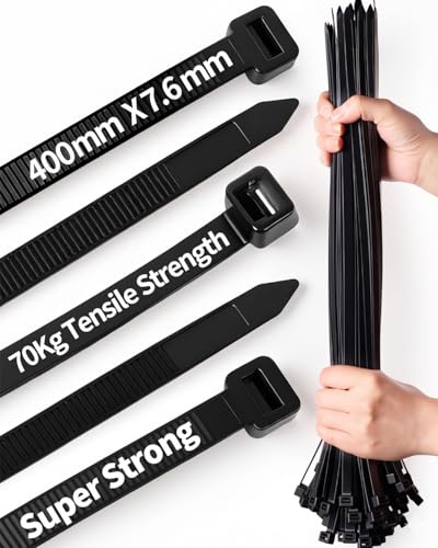 100 PCS Black Cable Ties Heavy Duty, 400mm x 7.6mm Long with 70 KG Ultra Strong Tensile Strength, Large UV Resistant Cable Ties Extra Long Tie Wraps for Outdoor Use (Black, 400mm x 7.6mm 100pcs)