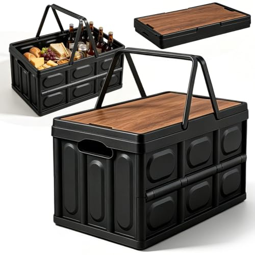 Ruioomeep hopfällbar klapplåda 30L med trälock stabil, förvaringslåda för camping och picknick, koffertorganiserare bil, hopfällbar liten campinglåda, transportlåda för hushåll, 43x30x24cm (Svart)