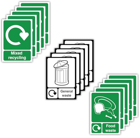 15 Pack Recycling Bin Stickers – A6 (105 x 148 mm) – 5 x Mixed Recycling, 5 x General Waste & 5 x Food Waste Signs – Self-Adhesive Laminated Polypropylene Labels for Home, Office & Kitchen Use
