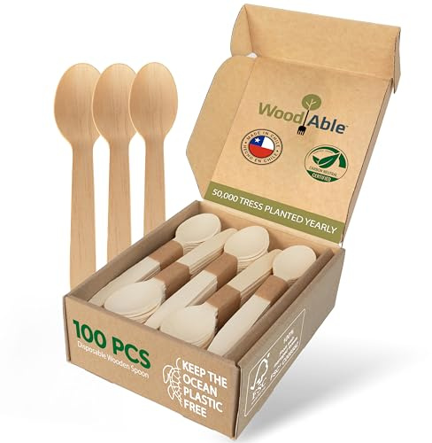Disposable Wooden Cutlery Set - 100% Home Compostable - 100 Spoons 6.5, Bamboo Utensils Alternative, Eco-Friendly, Organic, Sustainable and Carbon Neutral Certified