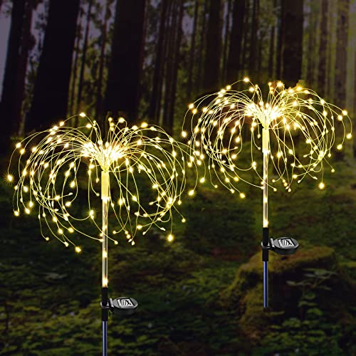 ZVO Luz Solar Fuegos Artificiales, 2pcs 120 LED Luces Solares al Aire Libre, 2 Modos Lámparas Solares Impermeable Decoración Solar Exterior para Camino de Jardin Patio Balcón (Blanco cálido)