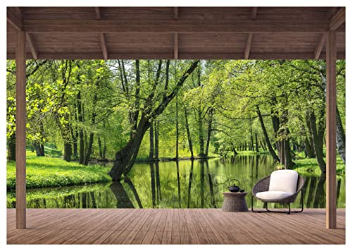 wandmotiv24 Fototapete Ausblick Terrasse Wald Fluss, XL 350 x 245 cm - 7 Teile, Wanddeko, Wandbild, Wandtapete, Sessel Teekanne Berge Wasser Holz Pergola Bäume M6844