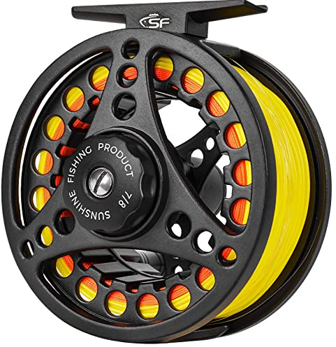 SF Large Arbor Fly Fishing Reel 7/8wt Aluminum Alloy Body Die-Cast Matt Black Pre-Loaded Fly Reel with Line Combo Fluorescent Yellow Fly Line