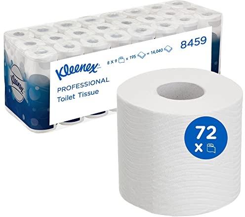 Kleenex Toalettpappersrullar 8459 – 3-lagers toalettpapper – 8 förpackningar med 9 rullar x 195 ark vardera, vitt, totalt 72 rullar/14 040 ark