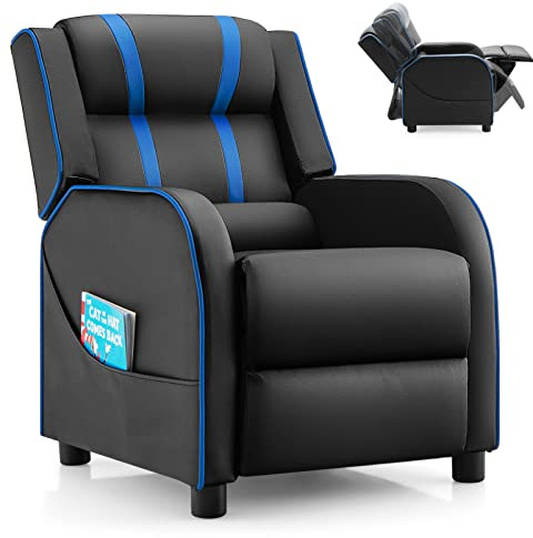 COSTWAY Sillón Reclinable para Niños con Bolsillos Laterales, Sofá Ergonómico de Cuero Artificial para Niños con Respaldo y Reposapiés Ajustables y Esponja para Niños de 3 a 12 años (Azul)