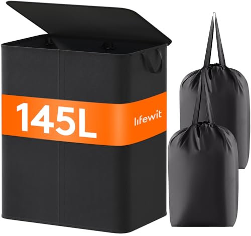 Lifewit 145L Wäschekorb mit 2 Fächern, faltbarer großer Wäschekorb mit Deckel und 2 herausnehmbaren Wäschesäcken für Kleidung, Wäsche, Bad, Schwarz
