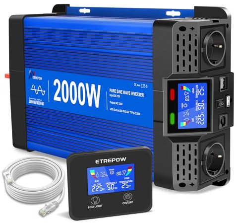 ETREPOW 2000W/4000W 12V Auf 230V Reiner Sinus Wechselrichter mit Fernbedienung, 2 EU Steckdosen, 2 USB+Tycp-C Anschlüssen, geeignet für Haushaltsgeräte, Wohnmobile, Camping Spannungswandler