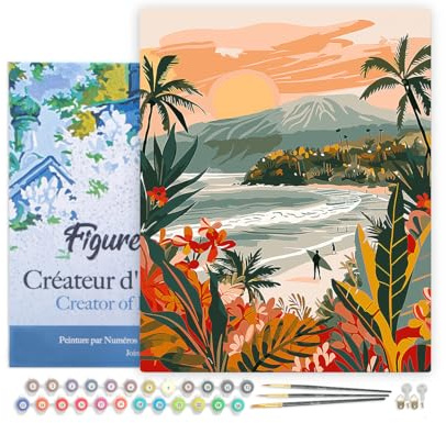 Figured'Art Peinture par Numéro Adulte avec Cadre Plage tropicale - Activité Manuelle Kit de Loisir Créatif DIY Numéro d'Art Complet - 40x50cm toile tendue sur châssis