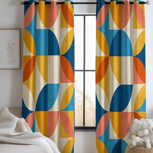 Vorhang Blickdicht Gardinen Retro-Geometrie Muster Verdunkelung mit Ösen Polyester Ösenschal Vorhänge Orange Blau für Schlafzimmer Wohnzimmer Dekor H214 x B91.5 cm (2er Pack)