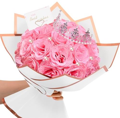 TLY Glitter Roses Bouquet,24 Pcs Pink Flower Bouquet,Birthday Gifts for Women,DIY Artificial Flowers for Mom Grandma Wife Girlfriend Mother's Day Graduation Anniversary Engagement Wedding