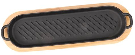 Ciieeo Plaque à Steak En Fonte 38x15 Cm Poêle à Griller Antiadhésive Double Poignée Acier Fonte Pour Barbecue D'extérieur Cuisine Maison Avec Base Bois