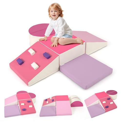 COSTWAY 6PCS Parcours Motricité Bébé en Mousse avec Housse en PU, Module Motricité Bébé avec Roches d’Escalade & Attaches à Crochets, Jouets Éducatifs pour Ramper Grimper, 12 Mois+ (Rose)