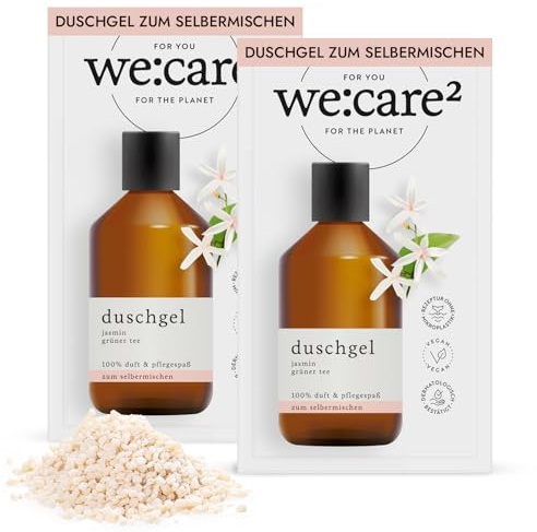 we:care² 2x Duschgel Pulver (Granulat) zum Anrühren Jasmin/Grüner Tee - 32g ergibt 250ml nachhaltige & vegane Nachfüllseife ohne Silikone, Parabene & Mikroplastik - Duschpulver - Duschgelpulver
