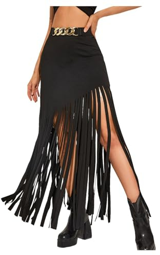 Generisch Falda midi con flecos para mujer, color negro, estilo punk, media falda para un estilo sin concesiones, Negro , XL