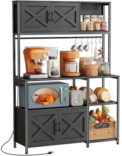 Huuger Large Bakers Rack with Power Outlet, Kitchen Microwave Stand with Cabinets, Coffee Bar Table Station with Storage, 6 S-Shaped Hooks, Mesh Shelves, 45 Inch Wooden Top, Black