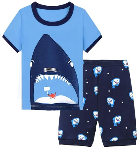 XJUERAA Kids Short Pyjamas Boys Girls Dinosaur Moster Truck Unicorn Cat Print Pjs Set Toddler Summer Sleepwear Cotton Short Sleeve Nightwear 2 Piece Clothes Set Age 2-8 Years Old