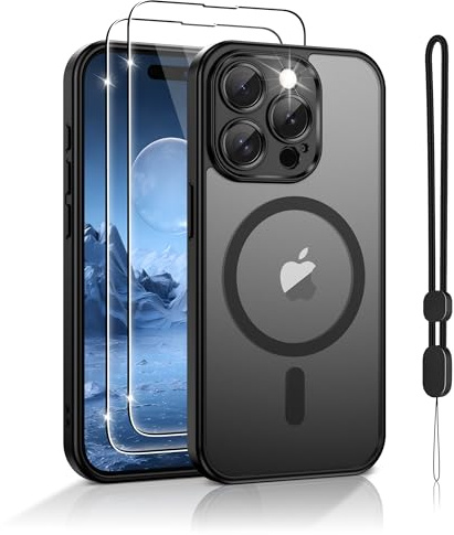 Jshru for iPhone 15 Pro Max Phone Case,Slim Magnetic Shockproof Cover Black | Compatible with Mag-safe,with Lanyard and HD Screen Protectors,Durable & Sturdy,Translucent Protective Phone Cover